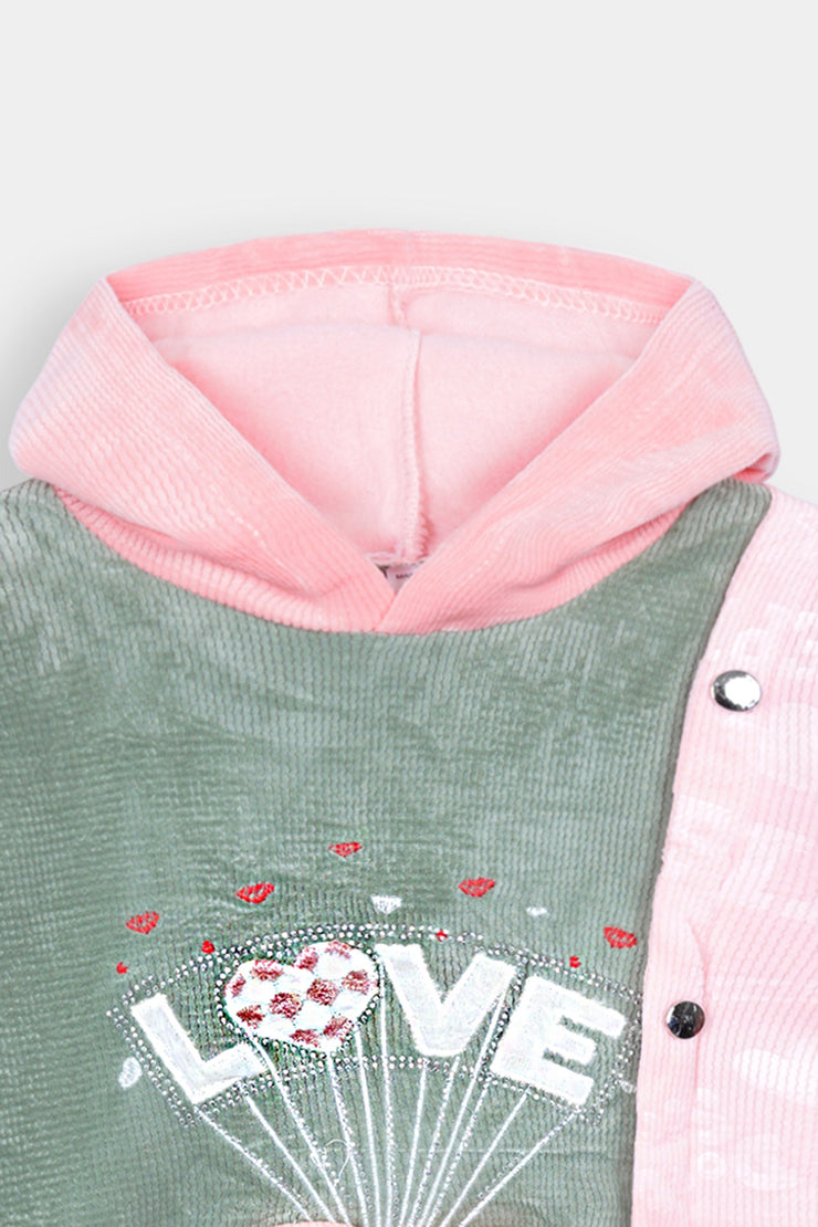 Imported Girls Pull Over Kotrai Velvet Printed Hoodie