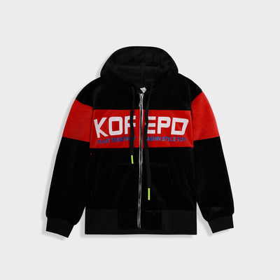 Kids Panel Printed Velvet Black Zipper Hoodie