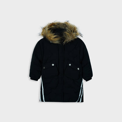 Girls imported Quilted Black Zipper Hoodie Jacket With Fur Lined Cap