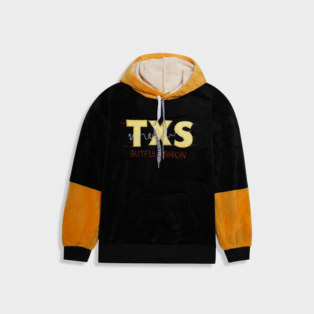 Kids Panel Sleeve Embroidered Velvet Black Pull-Over Hoodie