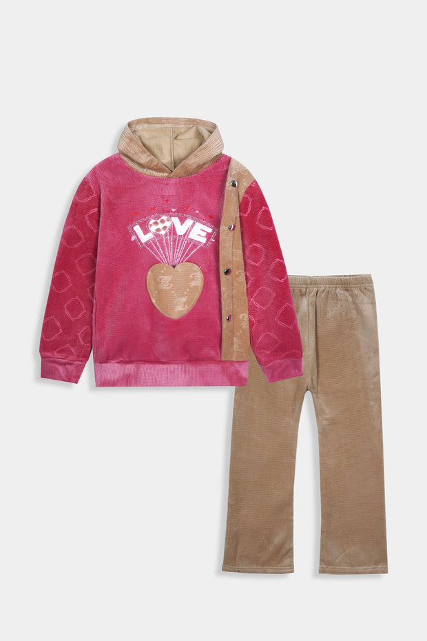 Imported Girls Pull Over Kotrai Velvet Printed Hoodie Suit