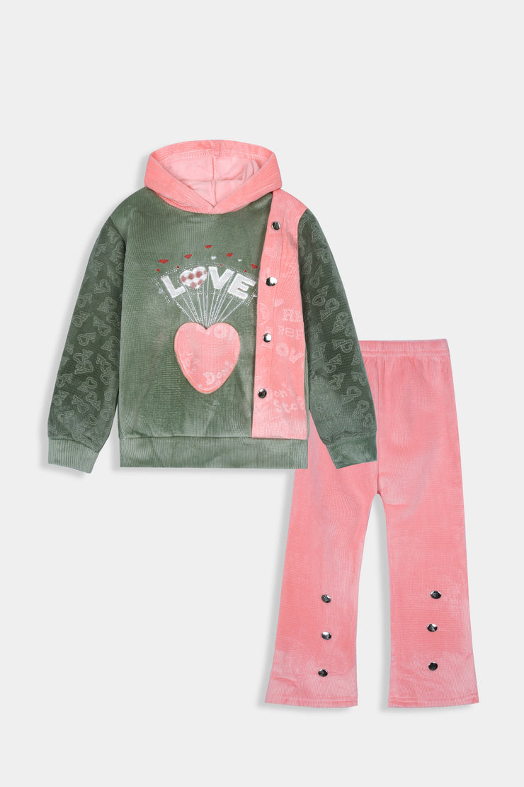 Imported Girls Pull Over Kotrai Velvet Printed Hoodie Suit