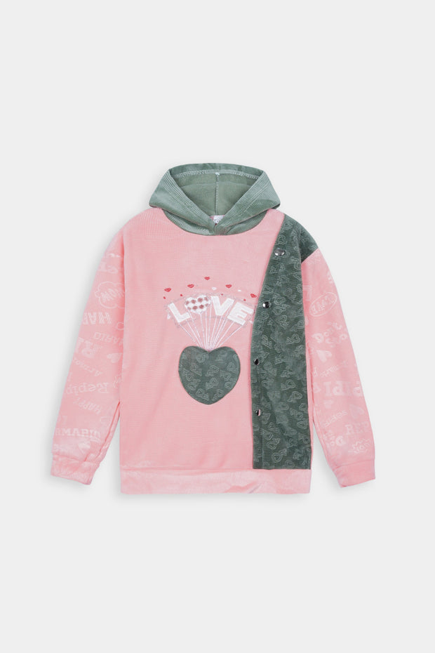 Imported Girls Pull Over Kotrai Velvet Printed Hoodie