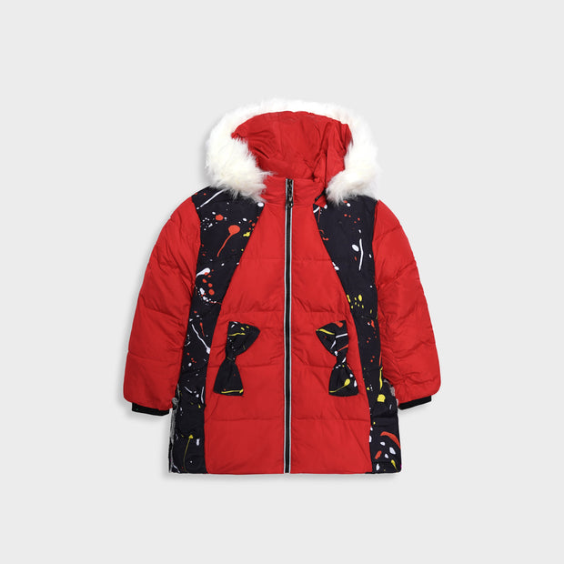 Girls imported Printed Quilted Zipper Hoodie Jacket With Fur Cap