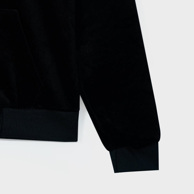 Kids Panel Sleeves Embroidered Velvet Black Zipper Hoodie