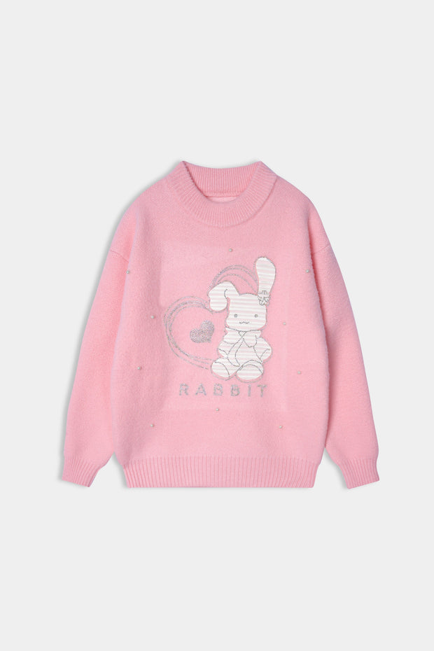 Imported Soft Wool Baby Pink And White Rabbit Sweatshirt For Girls