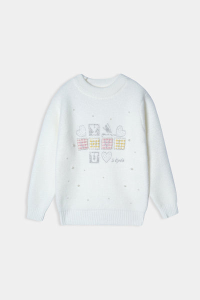 Imported Soft Wool White And Multi Blocks Sweatshirt For Girls