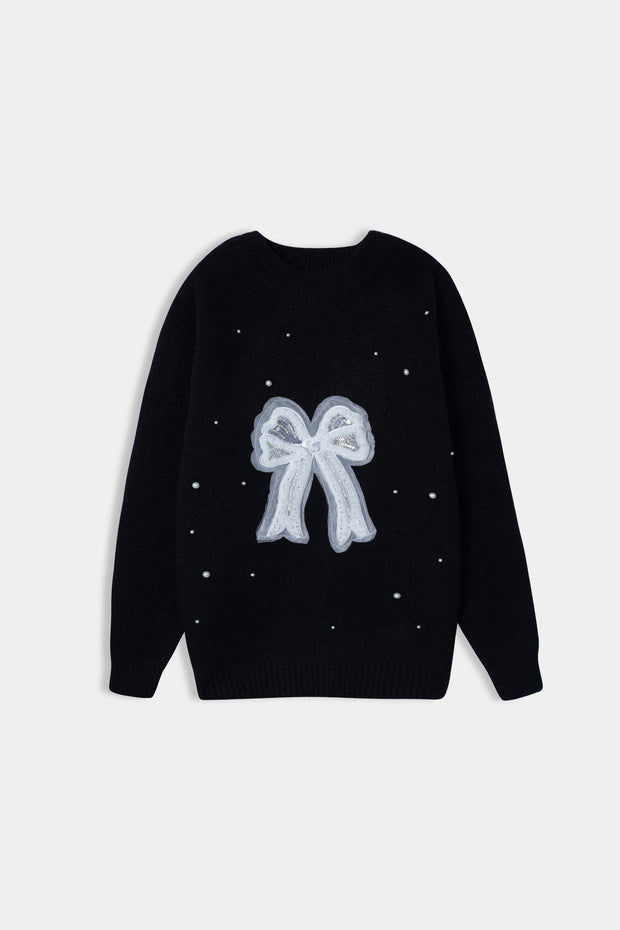 Imported Soft Wool Black And White Bow Sweatshirt For Girls