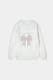 Imported Soft Wool White And Pink Bow Sweatshirt For Girls