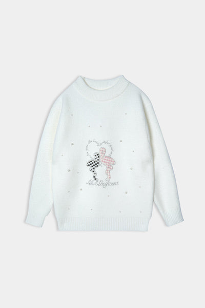 Imported Soft Wool White And Silver Heart Sweatshirt For Girls