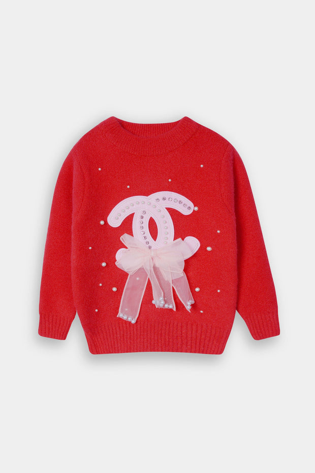 Imported Soft Wool Red And White Bow Sweatshirt For Girls