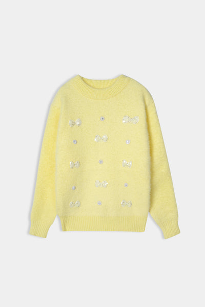 Imported Soft Wool Yellow Sweat Shirt With White Bow For Girls