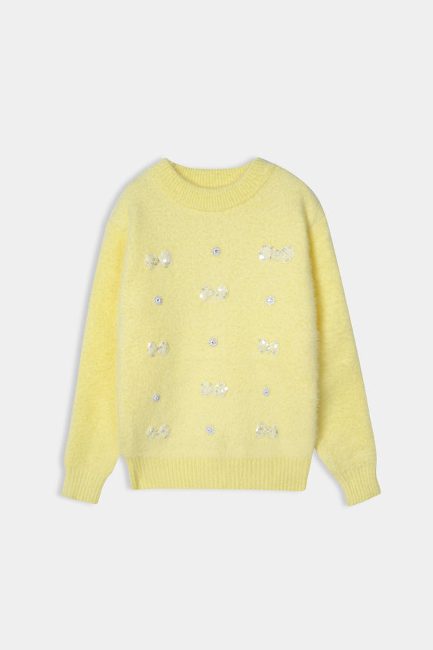 Imported Soft Wool Yellow Sweat Shirt With White Bow For Girls