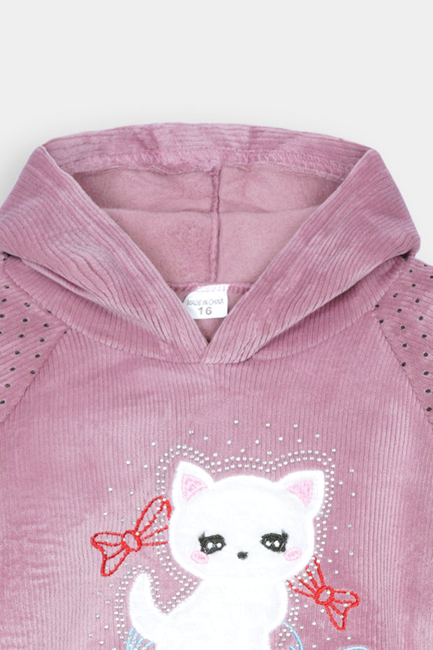 Imported Girls Pull Over Kotrai Velvet Printed Hoodie