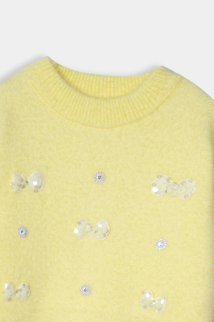 Imported Soft Wool Yellow Sweat Shirt With White Bow For Girls