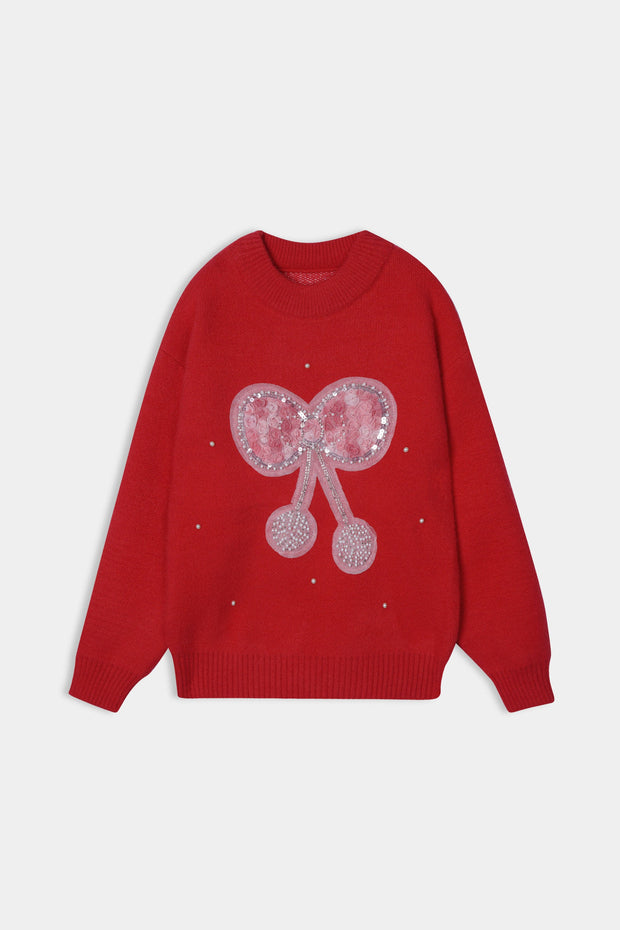 Imported Soft Wool Red Sweat Shirt With Pink Bow For Girls