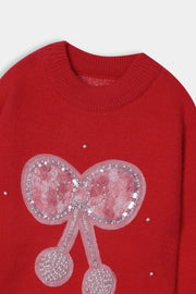 Imported Soft Wool Red Sweat Shirt With Pink Bow For Girls