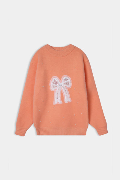 Imported Soft Wool Peach Sweat Shirt With White Bow For Girls