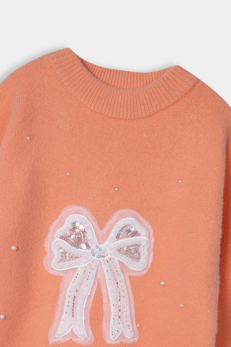 Imported Soft Wool Peach Sweat Shirt With White Bow For Girls