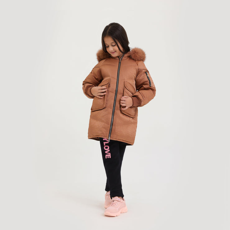 Girls imported Long Zipper Hoodie Jacket With Fur Lined Cap