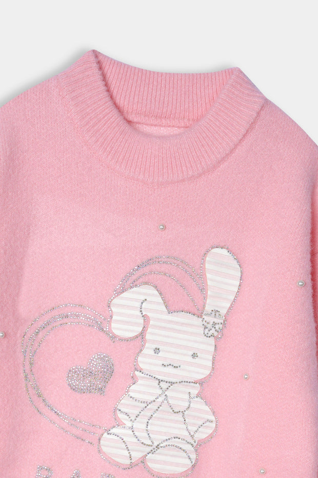 Imported Soft Wool Baby Pink And White Rabbit Sweatshirt For Girls