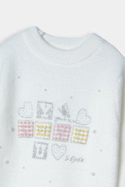 Imported Soft Wool White And Multi Blocks Sweatshirt For Girls