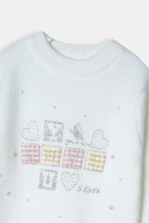 Imported Soft Wool White And Multi Blocks Sweatshirt For Girls