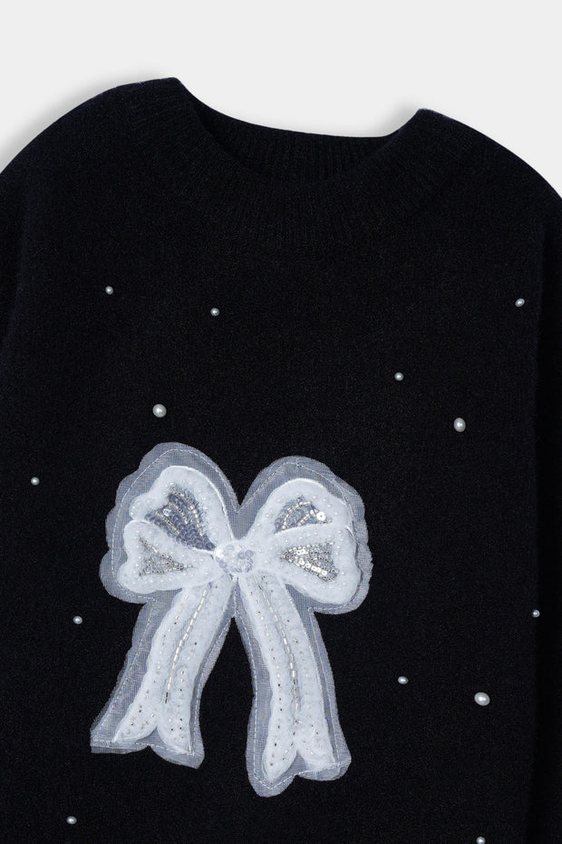 Imported Soft Wool Black And White Bow Sweatshirt For Girls