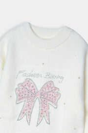 Imported Soft Wool White And Pink Bow Sweatshirt For Girls