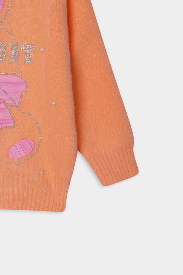 Imported Soft Wool Orange And Pink Bow Sweat Shirt For Girls