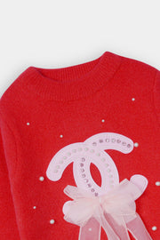 Imported Soft Wool Red And White Bow Sweatshirt For Girls