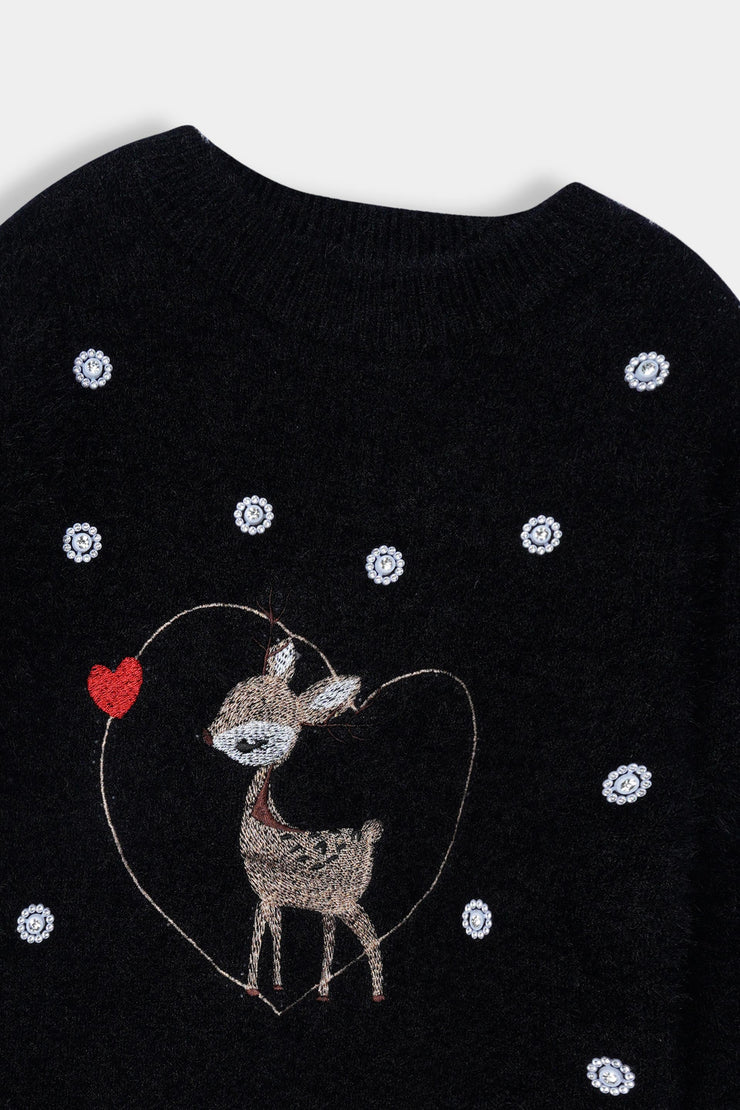 Imported Soft Wool Black And Sliver Stud Sweatshirt For Girls