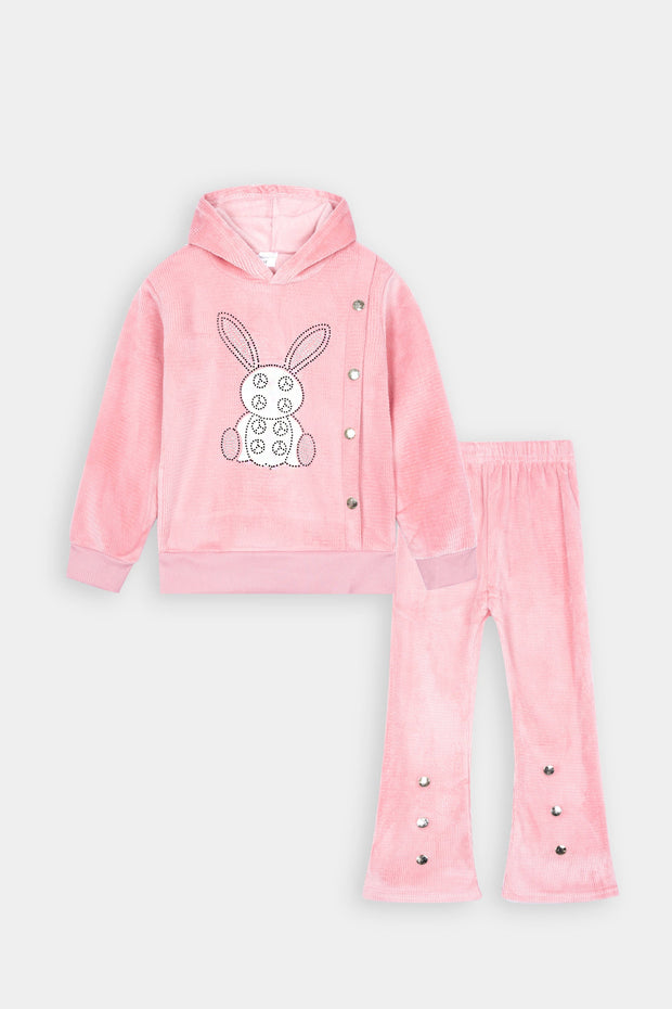 Imported Girls Pull Over Kotrai Velvet Printed Hoodie Suit