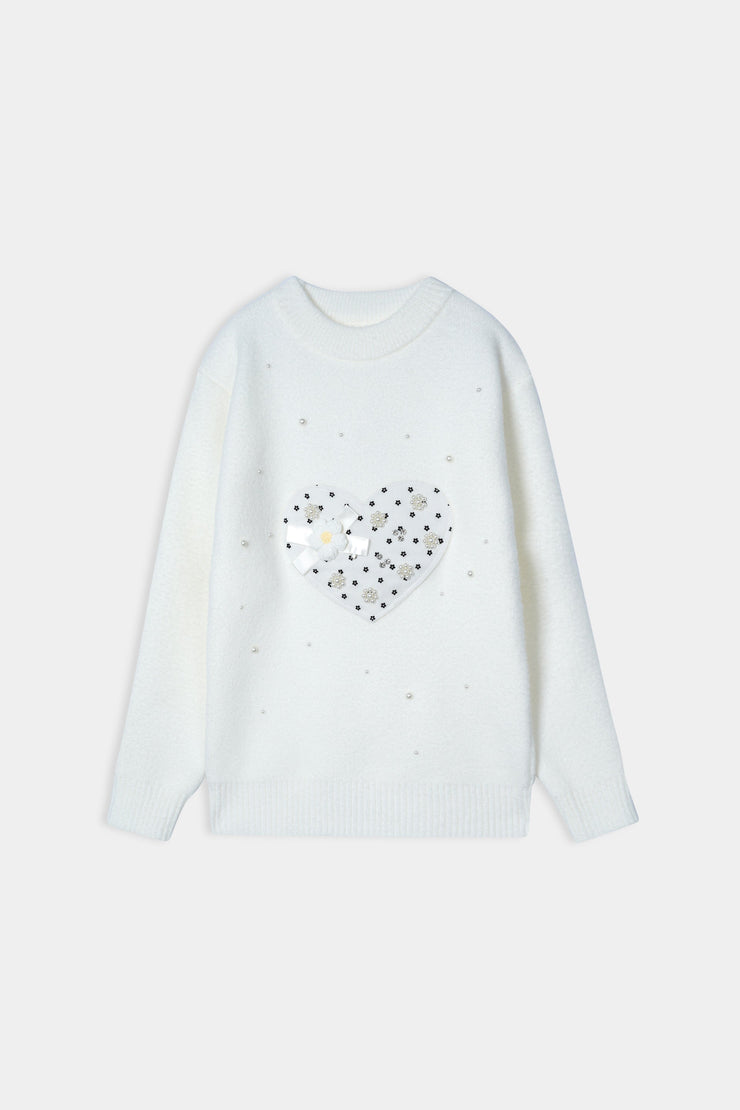 Imported Soft Wool White Sweat Shirt With Black Stud For Girls