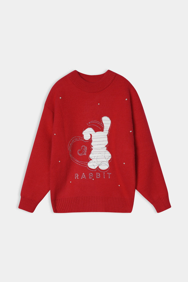 Imported Soft Wool Red Sweat Shirt With White Rabbit For Girls