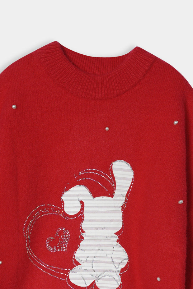 Imported Soft Wool Red Sweat Shirt With White Rabbit For Girls