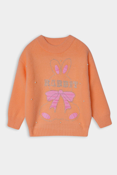 Imported Soft Wool Orange And Pink Bow Sweat Shirt For Girls