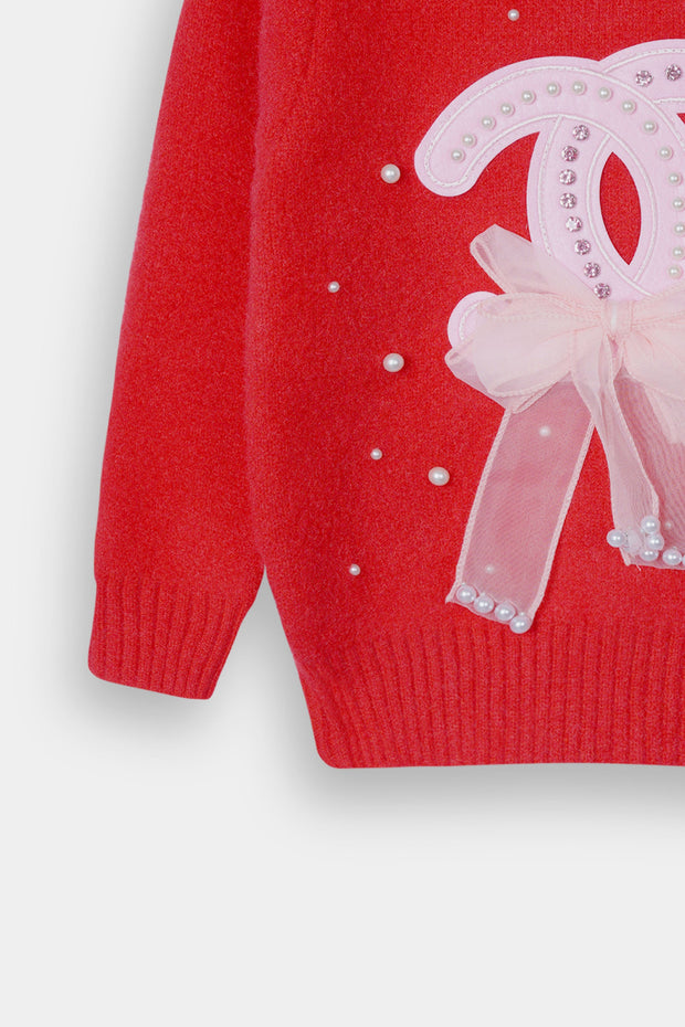 Imported Soft Wool Red And White Bow Sweatshirt For Girls