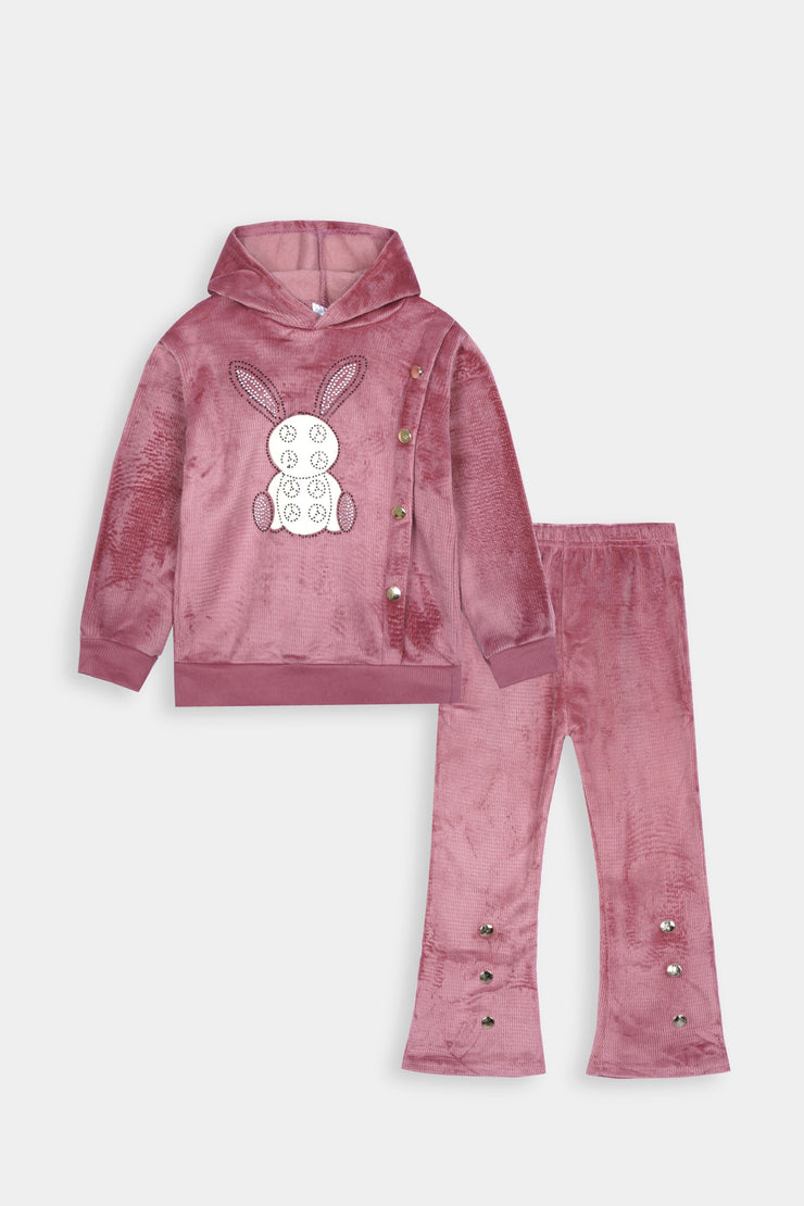 Imported Girls Pull Over Kotrai Velvet Printed Hoodie Suit