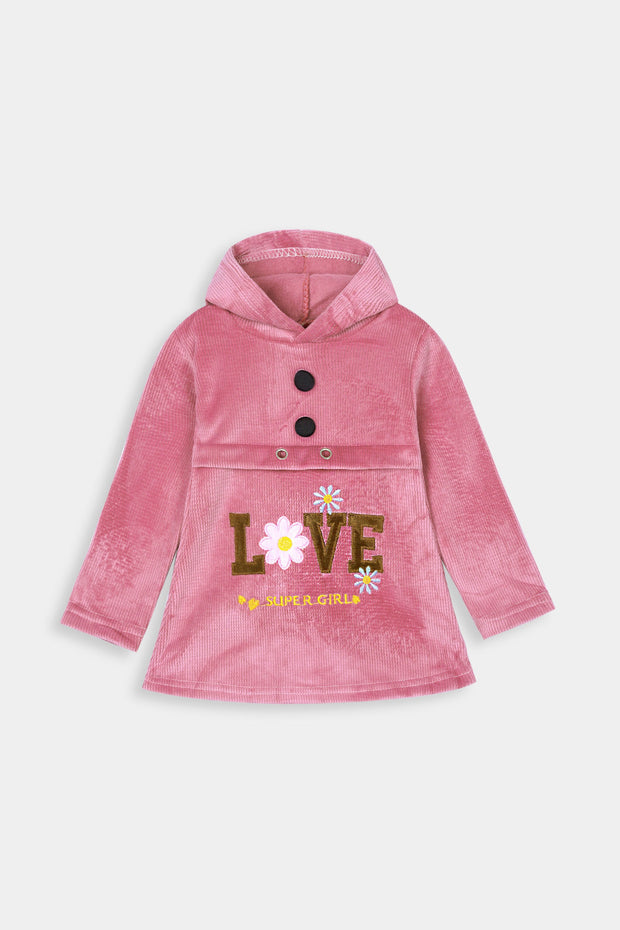 Imported Girls Pull Over Kotrai Velvet Printed Hoodie With Long Flare