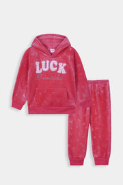 Imported Girls Pull Over Kotrai Velvet Printed Hoodie Suit