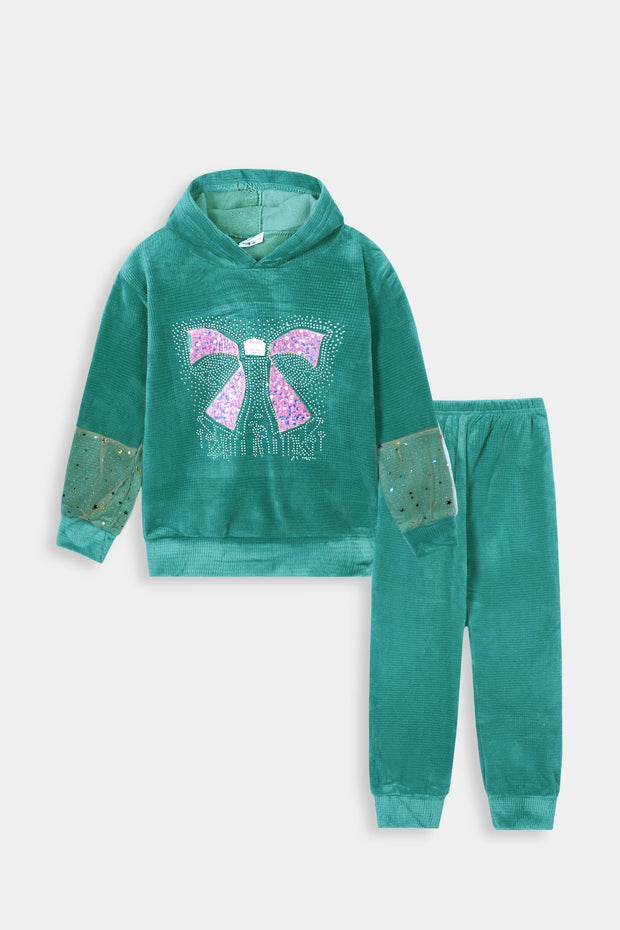 Imported Girls Pull Over Kotrai Velvet Sequin Hoodie Suit