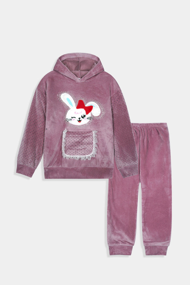 Imported Girls Pull Over Kotrai Velvet Printed Hoodie Suit